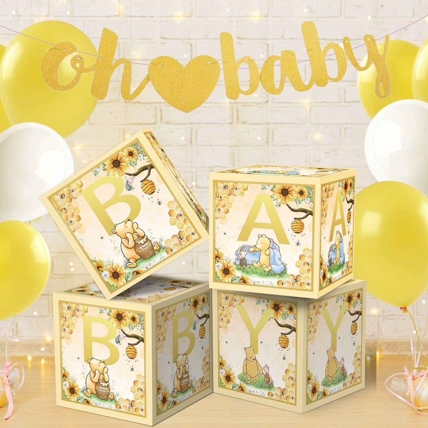 4 Pcs Bear Baby Boxes with Letters for Baby Shower Baby Shower Decorations Bear Box Blocks Gender Reveal Decorations (Yellow)